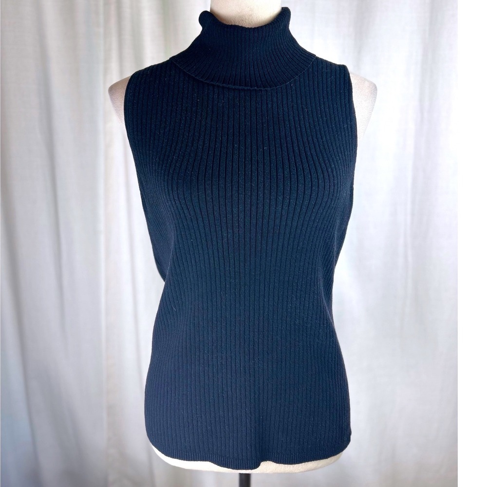 Chicos Turtleneck Sleeveless Silk Blend Ribbed Knit Black Women Size 2 L